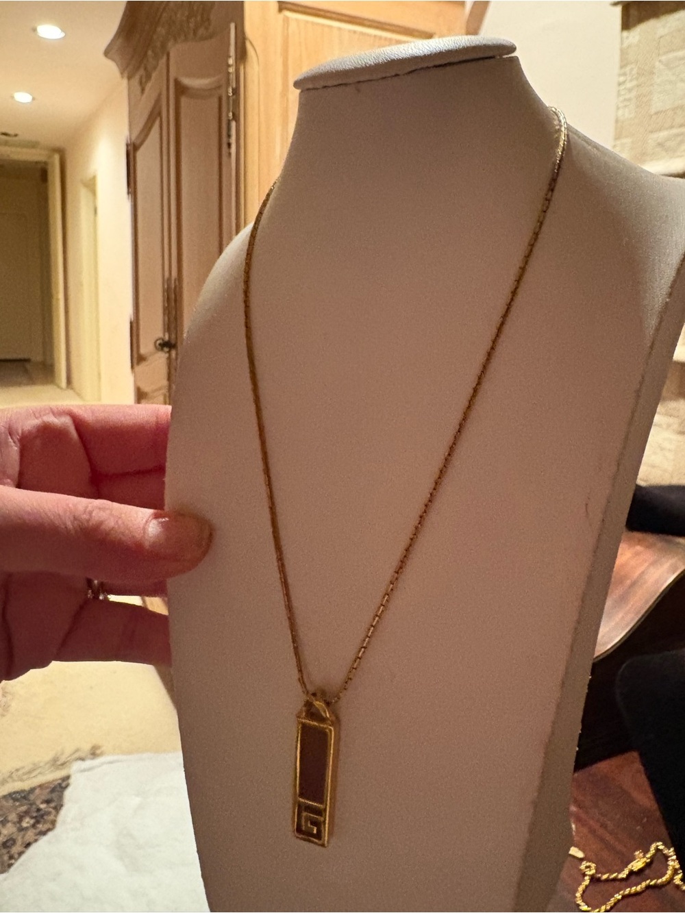 Givenchy Gold-Tone Rectangular Pendant Necklace with Brown Inlay - Picture 7 of 12